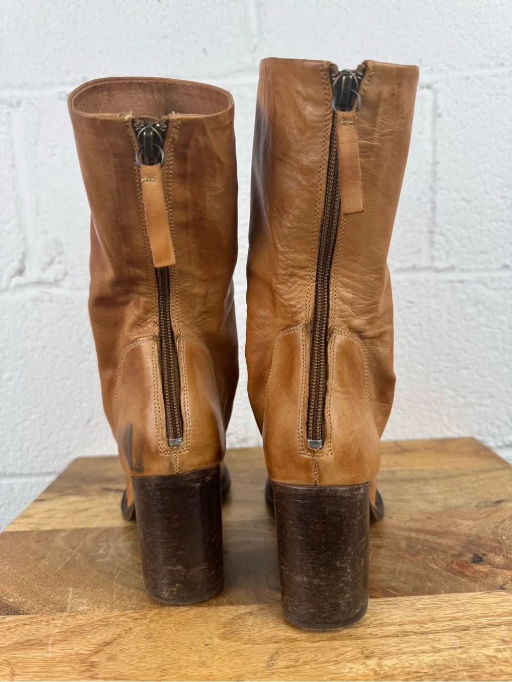 Free People Elle Bootie Tan Brown Leather Slouchy Block Heel Boots Size 37